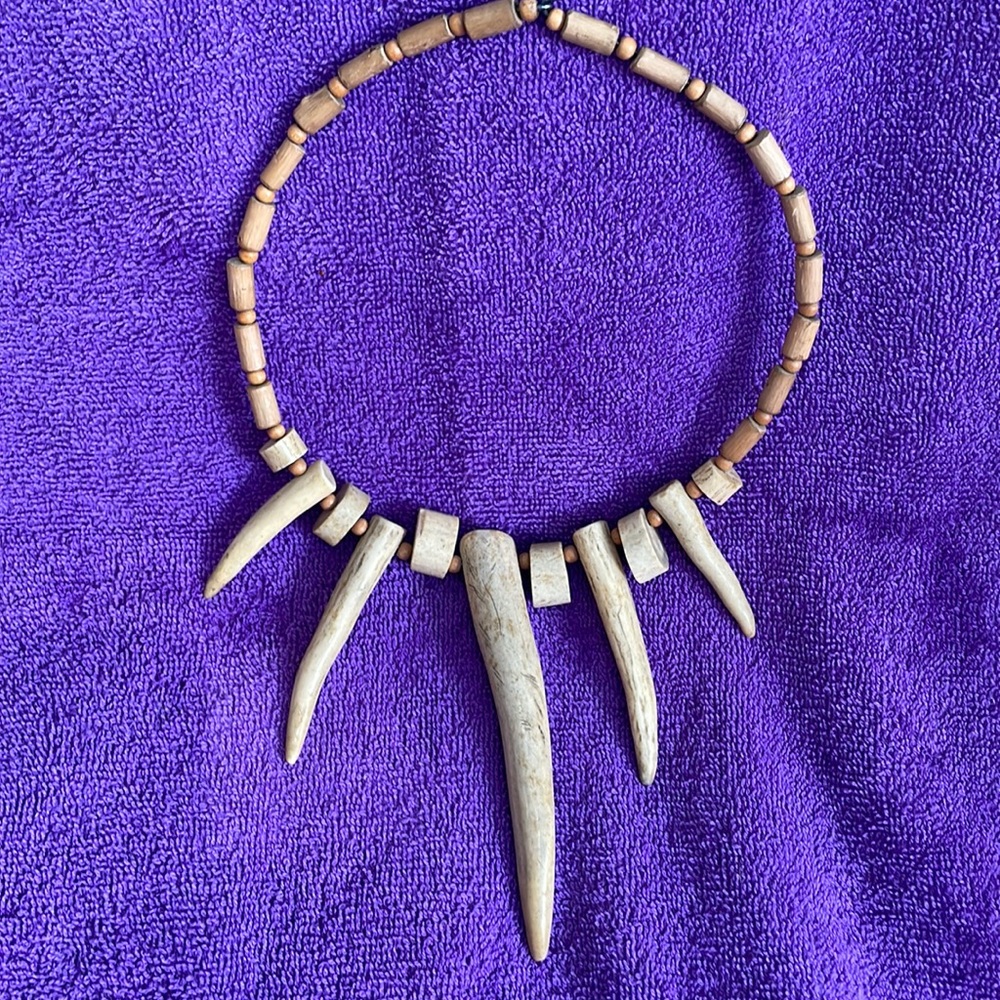 Fierce Vintage Choker Necklace Bone Claws Fangs Wood Beads Tribal Boho Chic